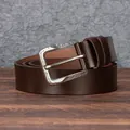 Men's dark brown genuine leather belt with a vintage silver engraved buckle - 105cm / Coffee