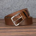 Men's brown leather belt featuring a vintage floral carved silver alloy buckle - 105cm / Khaki