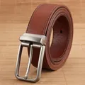 Dark brown genuine leather belt with brushed silver pin buckle and contrast stitching - 105cm / Retro Brown
