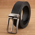 Classic men's black leather belt with matte silver buckle on bamboo texture background - 105cm / Retro Black