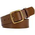 Classic brown leather belt for men with a polished gold square metal pin buckle - Khaki / 105cm