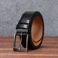 Classic black leather belt for men with dark silver pin buckle and brown inner lining - 105cm / Black