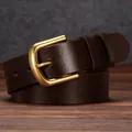Men's vintage dark brown leather belt with a golden horseshoe pin buckle - Coffee / 105cm