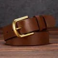 Classic dark brown top-grain leather belt for men with retro golden buckle finish - Khaki / 105cm