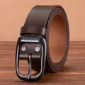 Men's retro dark brown genuine leather belt with matte black pin buckle on wooden background - 105cm / Coffee (878 Buckle)