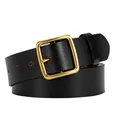 Men's vintage black genuine leather belt with a brushed gold square metal buckle - Black / 105cm
