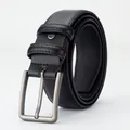 Men's premium black leather belt with matte silver pin buckle and litchi texture - 105cm / Calfskin Pattern Style (34884)