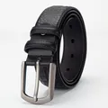 Men's black leather belt with lychee texture and brushed metal pin buckle - 105cm / Fishbone Pattern Style (34885)