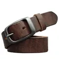 Vintage dark brown cowhide leather belt for men with matte grey metal pin buckle - 105cm / Coffee