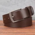 Men's dark brown genuine leather belt with matte gunmetal pin buckle on wood base - 625 Three-Screw Style / 105cm / Coffee