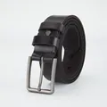 Classic men's black genuine leather belt with matte silver pin buckle on white background - Black / 105cm