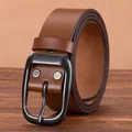 Men's retro dark brown genuine leather belt with matte black metal pin buckle - 105cm / Khaki (878 Buckle)
