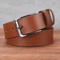 Men's dark brown genuine leather belt with classic silver metal needle buckle - 105cm / Brown