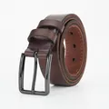 Mens vintage dark brown genuine leather belt with matte black alloy buckle on white background - 105cm / Coffee