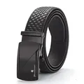 Men's black leather belt with matte geometric automatic buckle and textured check pattern - 105cm / Micro Checkered Style (Toothless 503 - Micro Check)