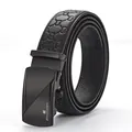 Men's black leather belt with embossed double G pattern and matte automatic buckle - 105cm / Embossed Pattern Style (No-Teeth 503 Texture)