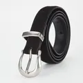 Minimalist black matte suede leather belt with polished silver horseshoe buckle for women - 105cm / Black