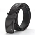 Men's black cowhide leather belt with checkered embossing and matte automatic buckle - 105cm / Embossed Checkerboard Style (Toothless 503 - Large Grid)