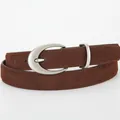 Deep brown frosted suede leather belt with a matte silver oval buckle for women - 105 / Coffee