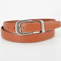 Brown leather belt with silver square pin buckle and white contrast stitching for women - 105cm / Tan