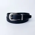 Classic black leather belt for women featuring a vintage silver alloy square buckle - 105cm / Black