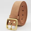Men's vintage genuine cowhide leather belt with solid brass pin buckle on white background - 105cm / Natural Leather