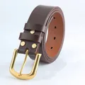 Dark brown leather belt for men with matte gold pin buckle and rivet details - 105cm / Coffee