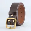 Men's dark brown genuine leather belt with vintage brass pin buckle and gold rivets - 105cm / Coffee