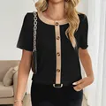 T-shirt in maglia a coste a maniche corte con inserto a contrasto nero e kaki - Nero