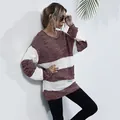 Pull rayé bordeaux et blanc pour femme, coupe ample à col rond et épaules tombantes - S / Bordeaux