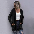 Cardigan lungo nero da donna in maglia a nido d'ape con tasche per un look autunnale casual - S / Nero