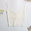 Camiseta de punto acanalado con cordón ajustable y cuello en V en color blanco crema - S / Blanco