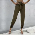 Women high waist tie front pants in olive green with split bow knot hem details - S / Army Green