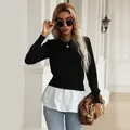 Women's 2024 fall fashion black knit sweater with faux two-piece white shirt hem design - S / Tops / Black and White