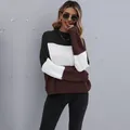 Women's color block knit sweater in black, white and brown with textured cable knit sleeves - Black and White