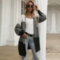 Chaqueta de punto para mujer con bloques de color blanco, gris y verde oscuro para otoño - S / Bloque de Color Blanco Gris Verde