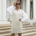 Vestido de punto trenzado crema para mujer, cuello en V, estilo elegante con camisa blanca - Albaricoque