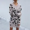 Loose leopard print knit dress with V-neck and distressed hem in oatmeal beige - S / Khaki