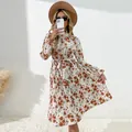 Robe midi plissée à fleurs manches longues avec col montant et ceinture motif blanc rouge - Abricot
