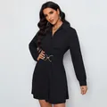 Elegant black long sleeve shirt dress with lapel collar and belted waist for women - S / Black