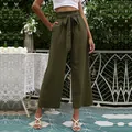 Pantaloni a gamba larga a vita alta verde militare con cintura a fiocco - S / Verde