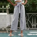 Pantaloni da donna a vita alta azzurro chiaro stile paper-bag con fiocco in vita - S / Blu grigio