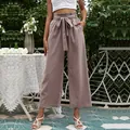 Eleganti pantaloni malva a vita alta paperbag con gamba larga e cintura a fiocco chic - Colore loto