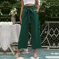Eleganti pantaloni a vita alta verde scuro a gamba larga con cintura annodata alla moda - S / Verde Scuro
