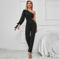 Elegant one-shoulder black jumpsuit with waist cutout and long sleeve for women - S / Black