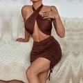 Women's sexy coffee brown two-piece set featuring halter neck top and ruched mini skirt - S / Coffee Brown