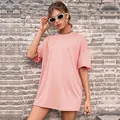 Φαρδύ ροζ βαμβακερό T-shirt με κοντό μανίκι, πεσμένους ώμους και στρογγυλή λαιμόκοψη - XS / Σάπιο Μήλο