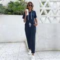 Women casual navy blue two-piece lounge set with short sleeve hoodie and joggers pants - S / Navy Blue