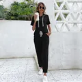Women's casual black two-piece lounge set with short sleeve hoodie and joggers - S / Black