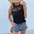 Damen Sommer Tanktop in Schwarz mit elegantem Spitzenbesatz und rundem Halsausschnitt - S / Schwarz